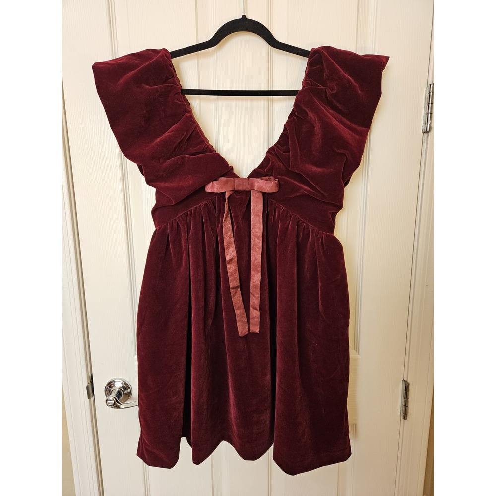 NWT Anthropologie Endless Rose Velvet Bow Back Zip Side Pockets Mini Dress, Med.